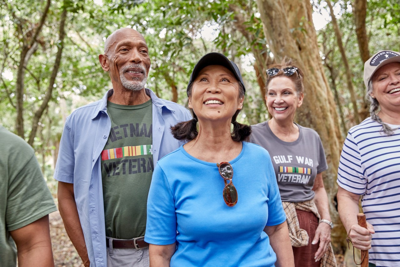 Multigenerational group hiking in woods